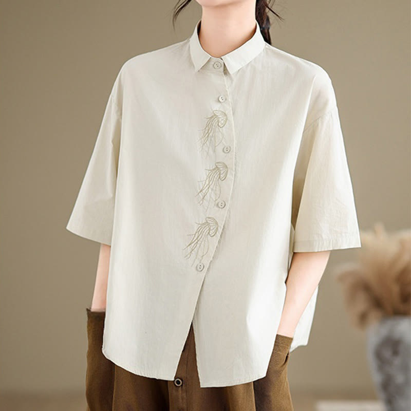 Buddha Stones Casual Women's Embroidered Jellyfish Pattern Stand Collar Buttons Design Half Sleeve Cotton Shirt - image 1