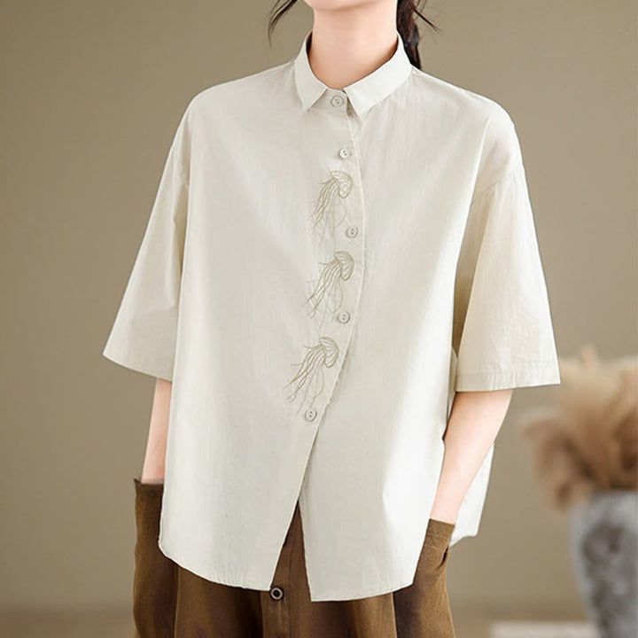 Buddha Stones Casual Women's Embroidered Jellyfish Pattern Stand Collar Buttons Design Half Sleeve Cotton Shirt - image 2