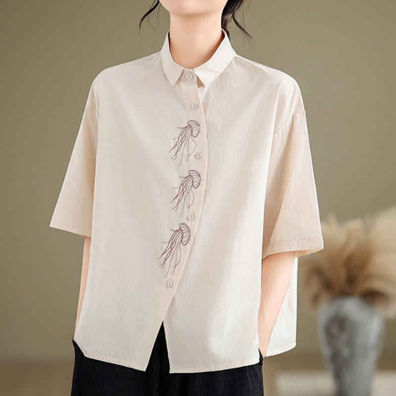 Buddha Stones Casual Women's Embroidered Jellyfish Pattern Stand Collar Buttons Design Half Sleeve Cotton Shirt - image 12