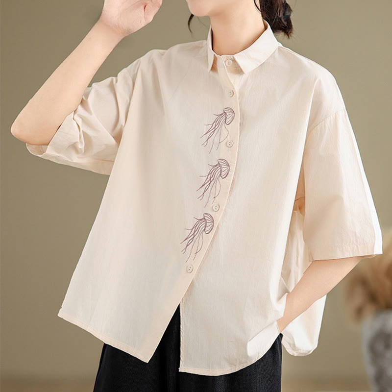 Buddha Stones Casual Women's Embroidered Jellyfish Pattern Stand Collar Buttons Design Half Sleeve Cotton Shirt - image 9