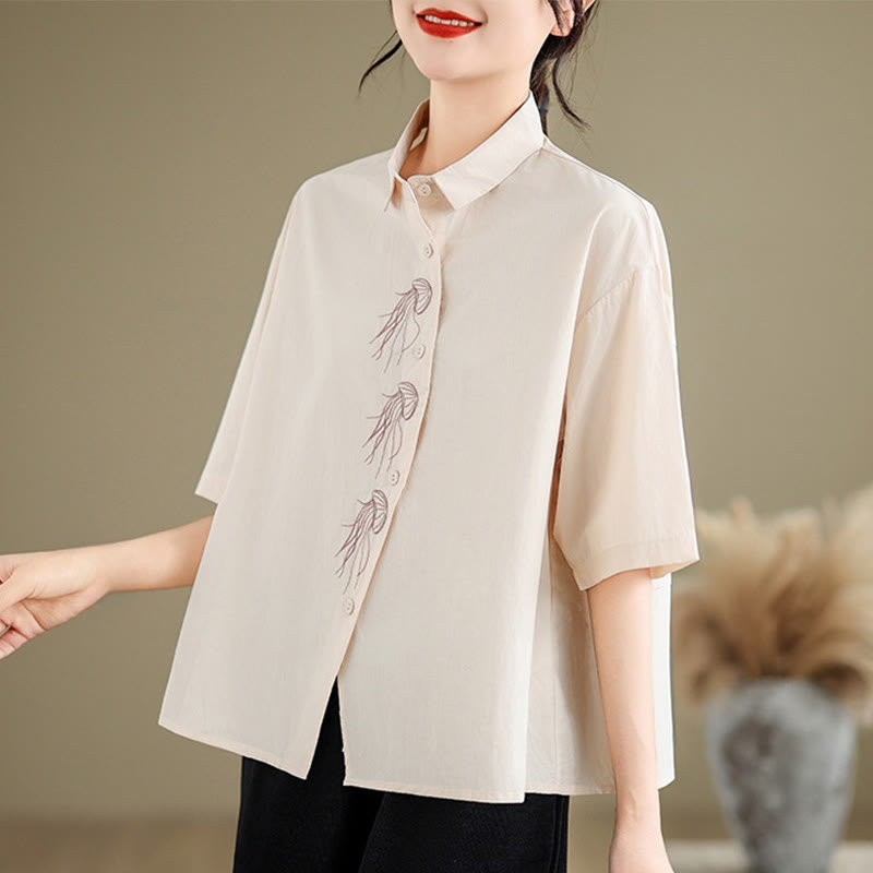 Buddha Stones Casual Women's Embroidered Jellyfish Pattern Stand Collar Buttons Design Half Sleeve Cotton Shirt - image 9