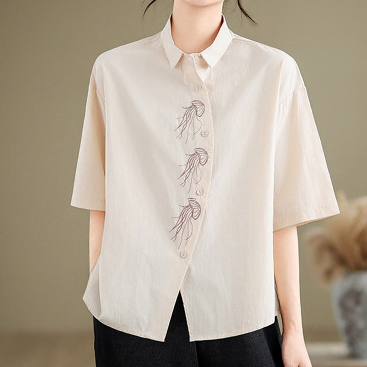 Buddha Stones Casual Women's Embroidered Jellyfish Pattern Stand Collar Buttons Design Half Sleeve Cotton Shirt - LavenderBlush - US14，UK/AU18，EU46 (2XL) - image 6