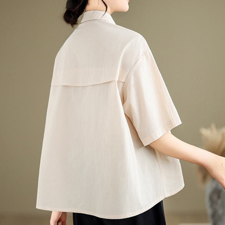 Buddha Stones Casual Women's Embroidered Jellyfish Pattern Stand Collar Buttons Design Half Sleeve Cotton Shirt - image 8