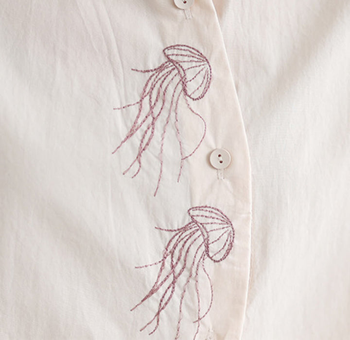 Buddha Stones Casual Women's Embroidered Jellyfish Pattern Stand Collar Buttons Design Half Sleeve Cotton Shirt - image 13