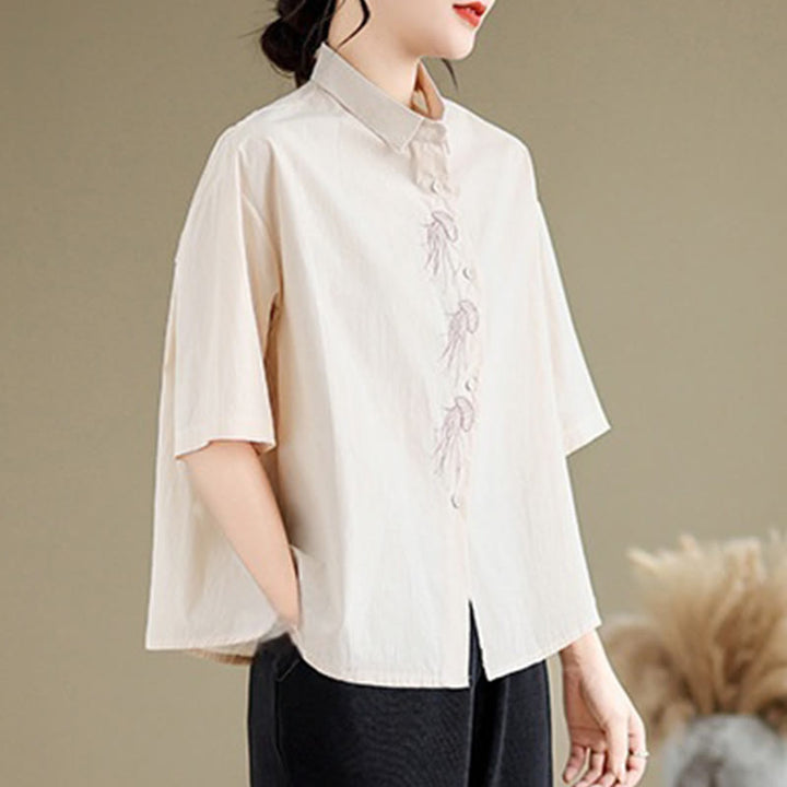 Buddha Stones Casual Women's Embroidered Jellyfish Pattern Stand Collar Buttons Design Half Sleeve Cotton Shirt - image 11
