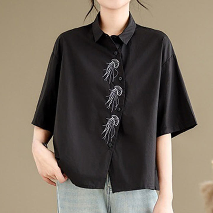 Buddha Stones Casual Women's Embroidered Jellyfish Pattern Stand Collar Buttons Design Half Sleeve Cotton Shirt - Black - US14，UK/AU18，EU46 (2XL) - image 17