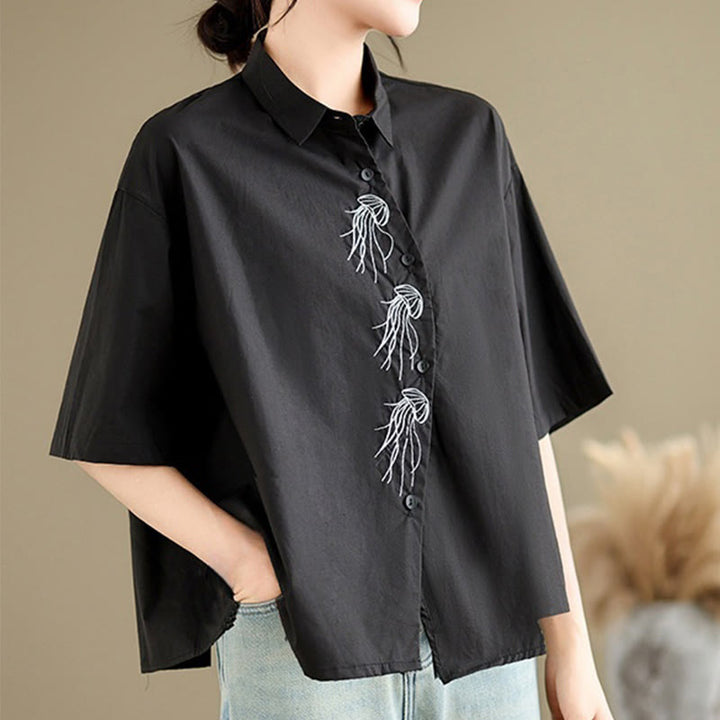 Buddha Stones Casual Women's Embroidered Jellyfish Pattern Stand Collar Buttons Design Half Sleeve Cotton Shirt - image 20