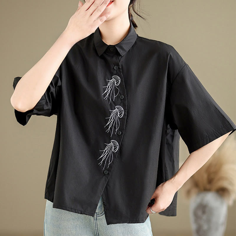 Buddha Stones Casual Women's Embroidered Jellyfish Pattern Stand Collar Buttons Design Half Sleeve Cotton Shirt - image 22