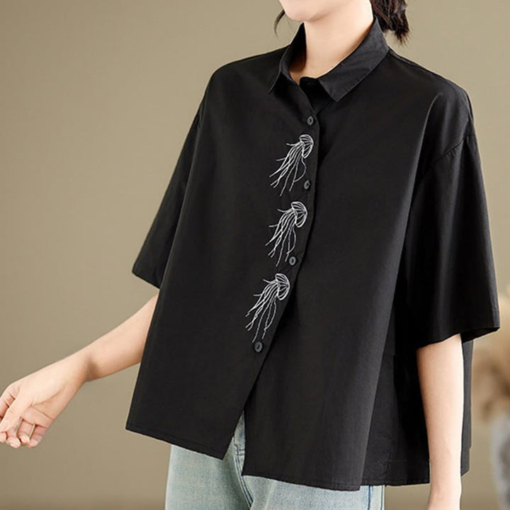 Buddha Stones Casual Women's Embroidered Jellyfish Pattern Stand Collar Buttons Design Half Sleeve Cotton Shirt - image 21