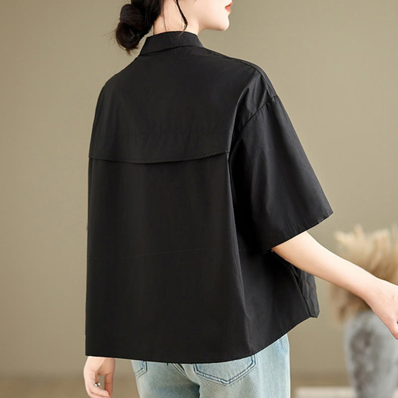 Buddha Stones Casual Women's Embroidered Jellyfish Pattern Stand Collar Buttons Design Half Sleeve Cotton Shirt - image 19