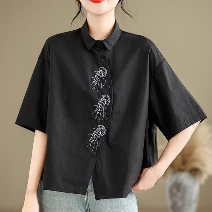 Buddha Stones Casual Women's Embroidered Jellyfish Pattern Stand Collar Buttons Design Half Sleeve Cotton Shirt - image 18