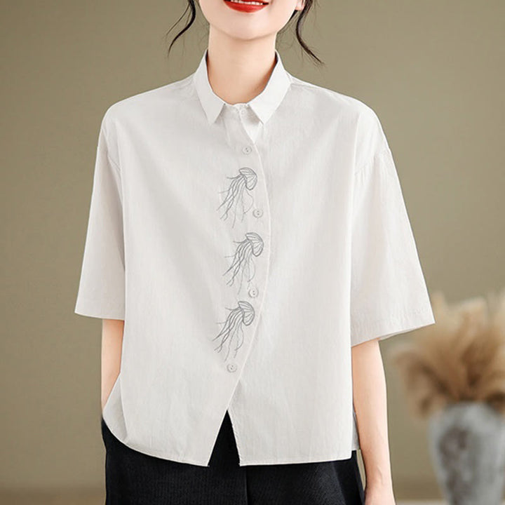 Buddha Stones Casual Women's Embroidered Jellyfish Pattern Stand Collar Buttons Design Half Sleeve Cotton Shirt - White - US14，UK/AU18，EU46 (2XL) - image 23