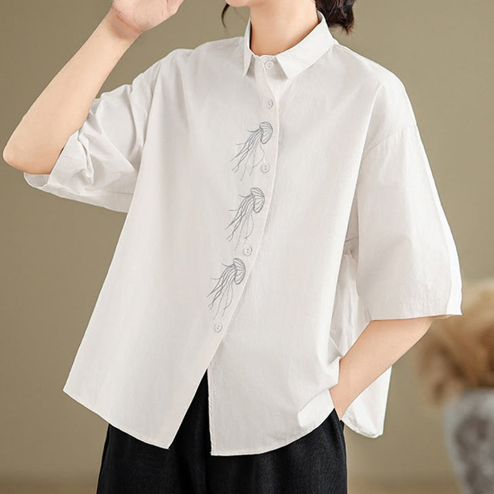Buddha Stones Casual Women's Embroidered Jellyfish Pattern Stand Collar Buttons Design Half Sleeve Cotton Shirt - image 24