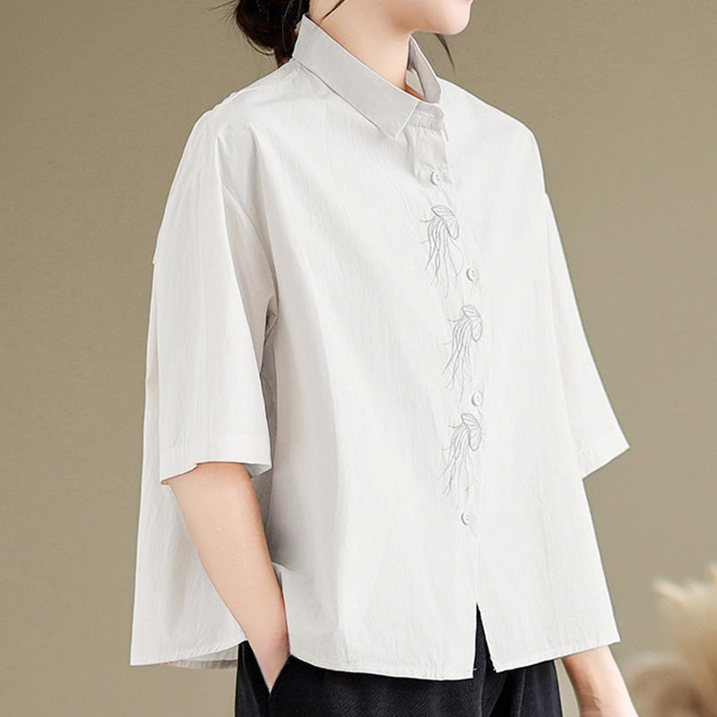 Buddha Stones Casual Women's Embroidered Jellyfish Pattern Stand Collar Buttons Design Half Sleeve Cotton Shirt - image 24
