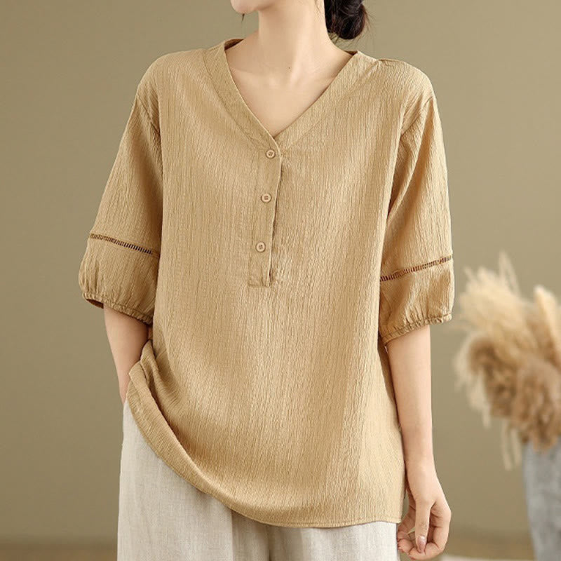 Buddha Stones Casual Plain Button V-Neck Women's Polyester Short Sleeve Shirt - Wheat - US8-10，UK/AU12-14，EU40-42 (2XL) - image 1