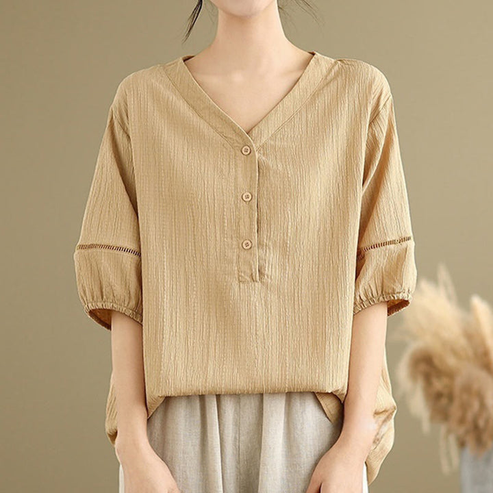 Buddha Stones Casual Plain Button V-Neck Women's Polyester Short Sleeve Shirt - image 6