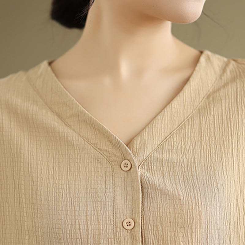 Buddha Stones Casual Plain Button V-Neck Women's Polyester Short Sleeve Shirt - image 6