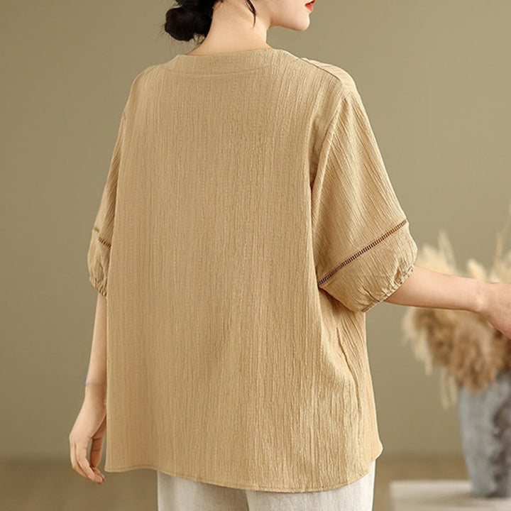 Buddha Stones Casual Plain Button V-Neck Women's Polyester Short Sleeve Shirt - image 1