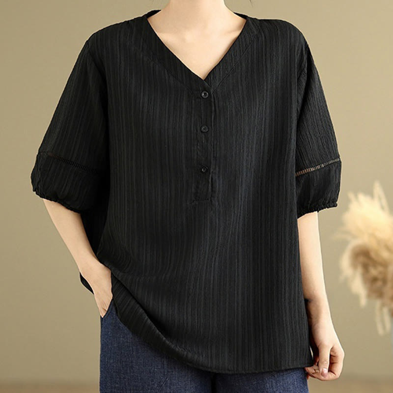 Buddha Stones Casual Plain Button V-Neck Women's Polyester Short Sleeve Shirt - image 12