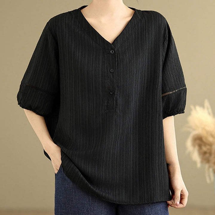 Buddha Stones Casual Plain Button V-Neck Women's Polyester Short Sleeve Shirt - image 12