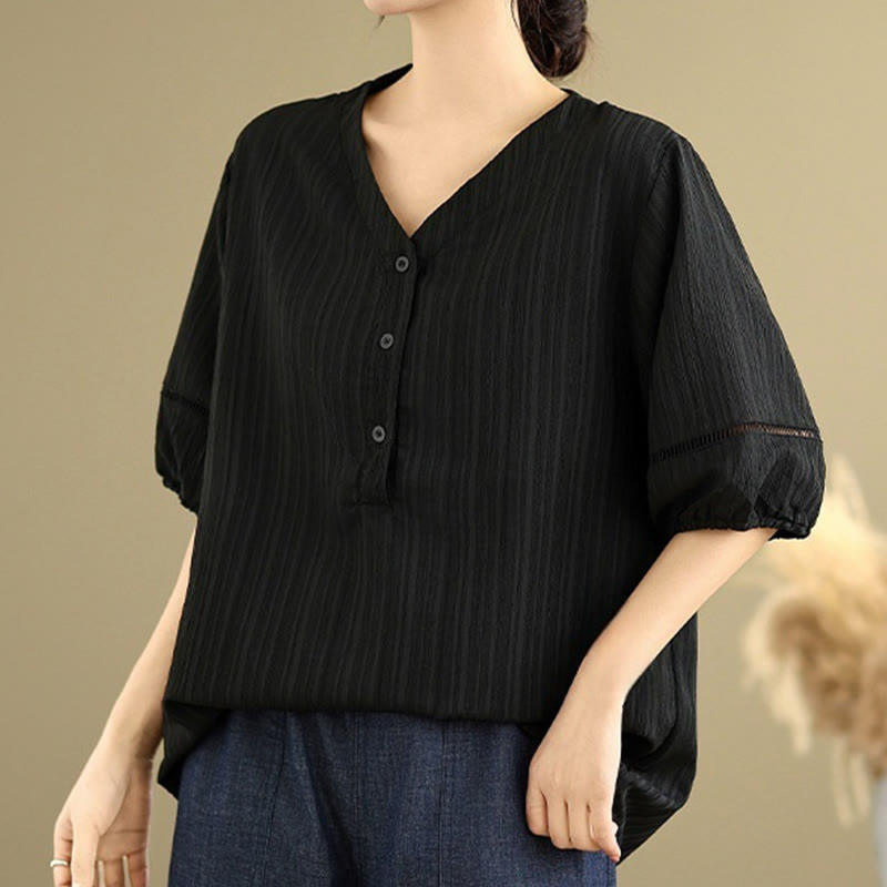 Buddha Stones Casual Plain Button V-Neck Women's Polyester Short Sleeve Shirt - image 15