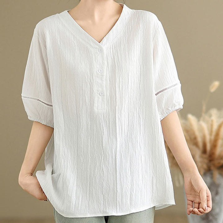 Buddha Stones Casual Plain Button V-Neck Women's Polyester Short Sleeve Shirt - White - US8-10，UK/AU12-14，EU40-42 (2XL) - image 17