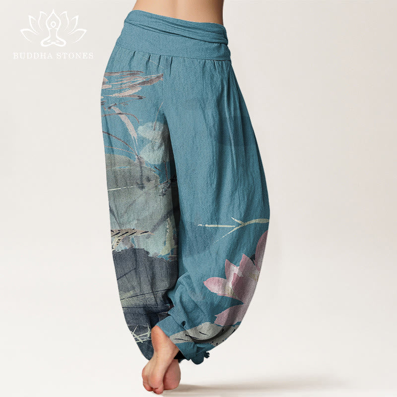 Buddha Stones Pink Lotus Leaves Bird Pattern Women's Elastic Waist Harem Pants - image 6