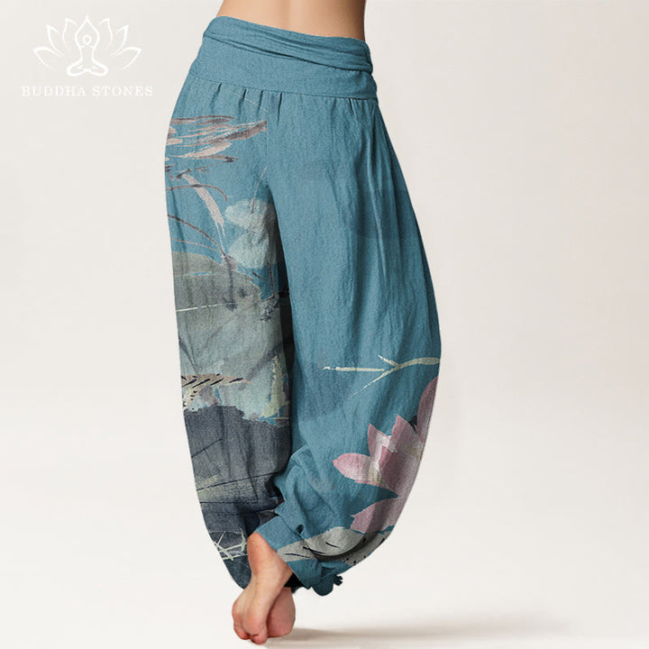 Buddha Stones Pink Lotus Leaves Bird Pattern Women's Elastic Waist Harem Pants - image 6
