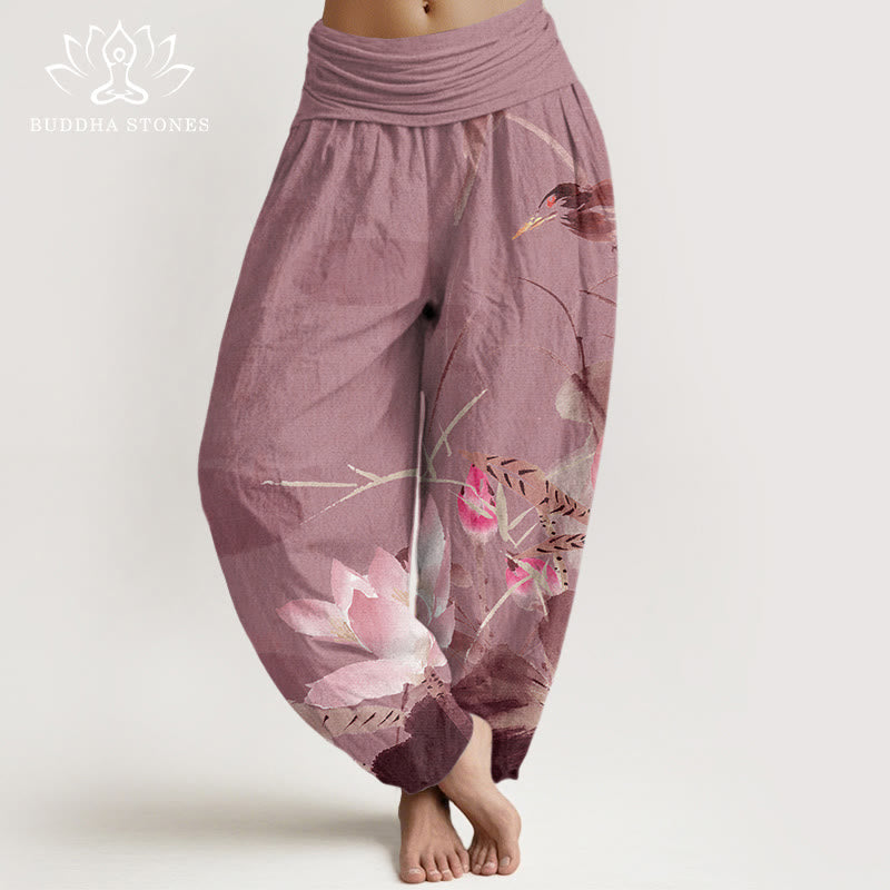 Buddha Stones Pink Lotus Leaves Bird Pattern Women's Elastic Waist Harem Pants - PaleVioletRed - US22，UK/AU26，EU54 (6XL) - image 7