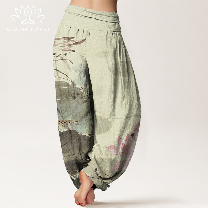Buddha Stones Pink Lotus Leaves Bird Pattern Women's Elastic Waist Harem Pants - image 2