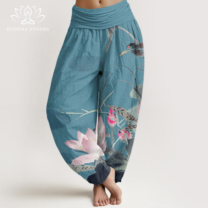 Buddha Stones Pink Lotus Leaves Bird Pattern Women's Elastic Waist Harem Pants - DarkTurquoise - US22，UK/AU26，EU54 (6XL) - image 4