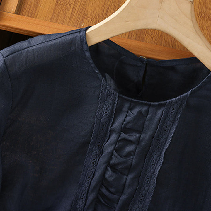 Buddha Stones Casual Pure Color Crew Neck Women's Cotton Linen Three Quarter Sleeve Shirt - image 4