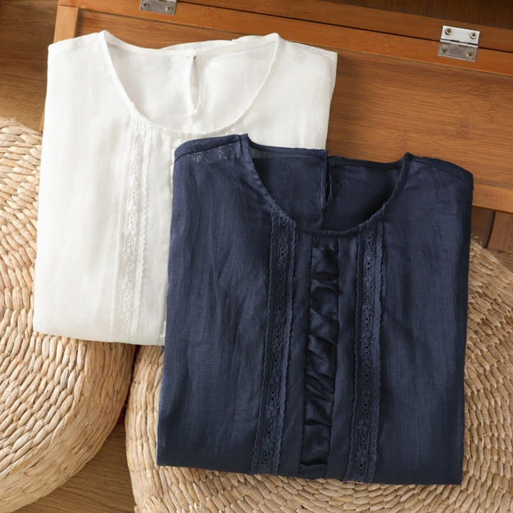 Buddha Stones Casual Pure Color Crew Neck Women's Cotton Linen Three Quarter Sleeve Shirt - image 18