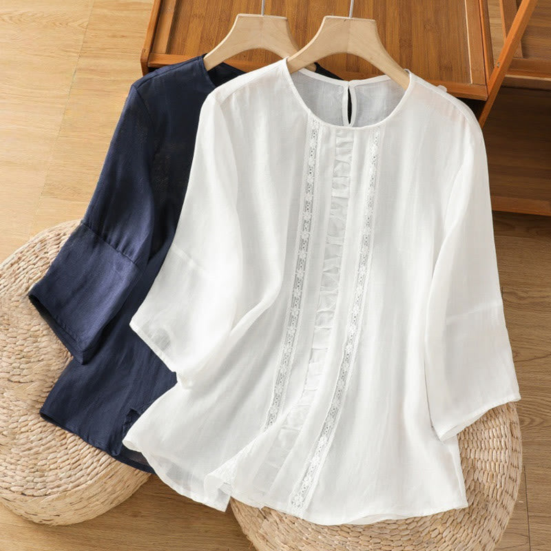 Buddha Stones Casual Pure Color Crew Neck Women's Cotton Linen Three Quarter Sleeve Shirt - image 17