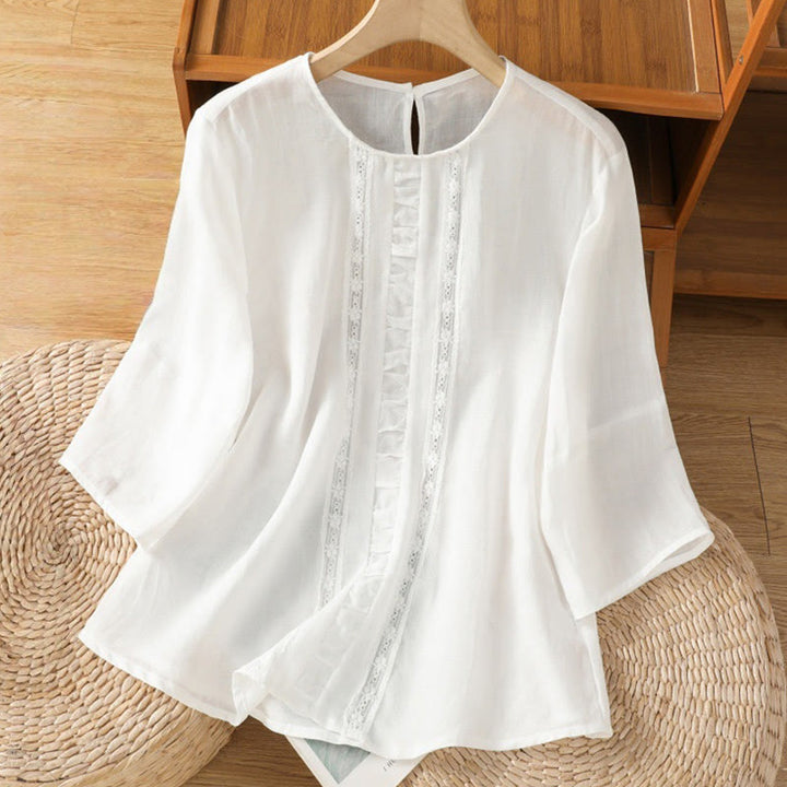 Buddha Stones Casual Pure Color Crew Neck Women's Cotton Linen Three Quarter Sleeve Shirt - White - US8-10，UK/AU12-14，EU40-42 (2XL) - image 7