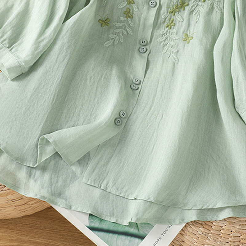 Buddha Stones Casual Plant Embroidery Stand Collar Women's Cotton Blend Three Quarter Sleeve Shirt - image 3