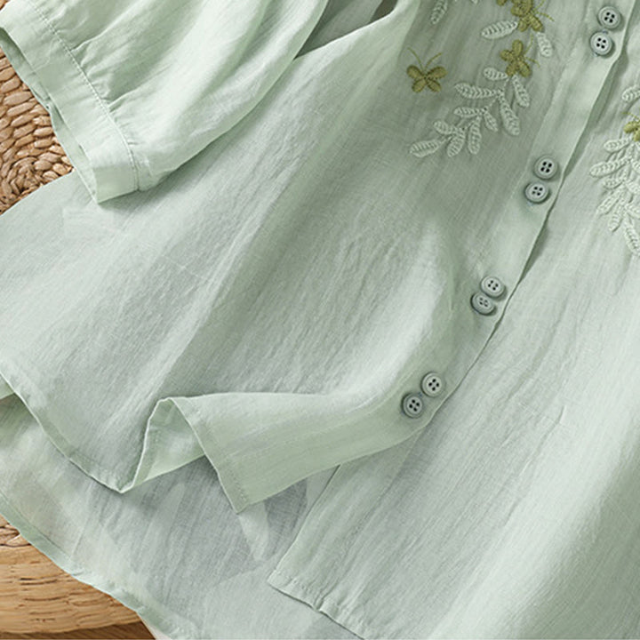 Buddha Stones Casual Plant Embroidery Stand Collar Women's Cotton Blend Three Quarter Sleeve Shirt - image 7