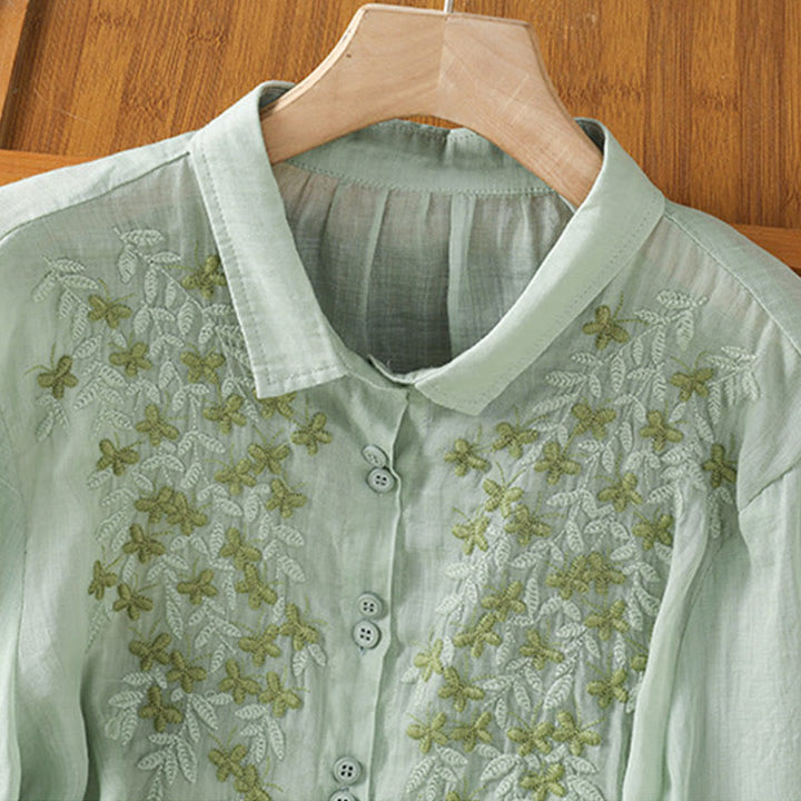 Buddha Stones Casual Plant Embroidery Stand Collar Women's Cotton Blend Three Quarter Sleeve Shirt - image 10