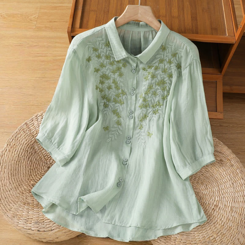 Buddha Stones Casual Plant Embroidery Stand Collar Women's Cotton Blend Three Quarter Sleeve Shirt - Aquamarine - US8-10，UK/AU12-14，EU40-42 (2XL) - image 1