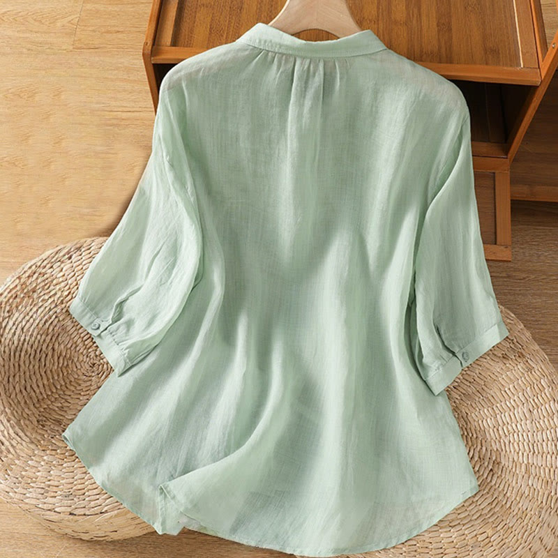 Buddha Stones Casual Plant Embroidery Stand Collar Women's Cotton Blend Three Quarter Sleeve Shirt - image 2