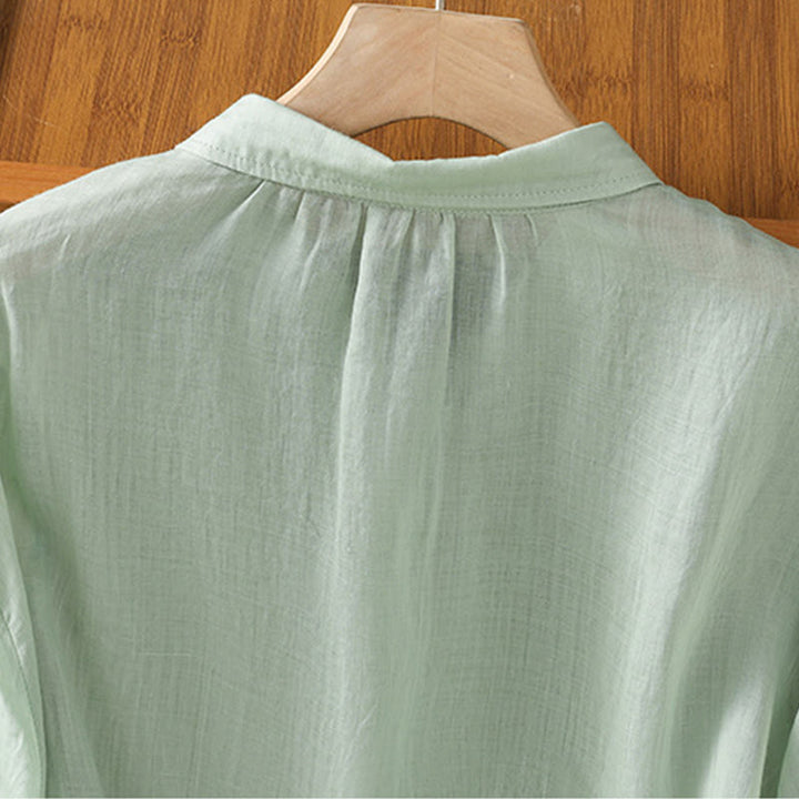Buddha Stones Casual Plant Embroidery Stand Collar Women's Cotton Blend Three Quarter Sleeve Shirt - image 4