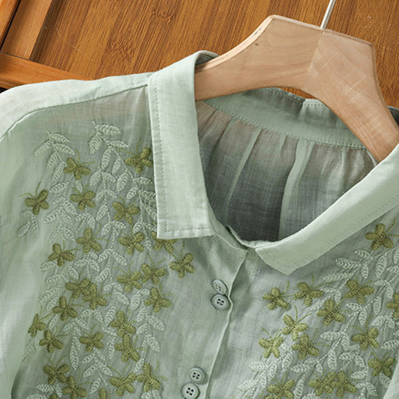 Buddha Stones Casual Plant Embroidery Stand Collar Women's Cotton Blend Three Quarter Sleeve Shirt - image 9