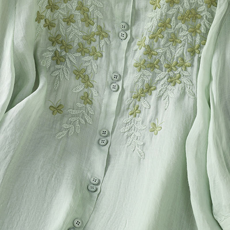 Buddha Stones Casual Plant Embroidery Stand Collar Women's Cotton Blend Three Quarter Sleeve Shirt - image 8