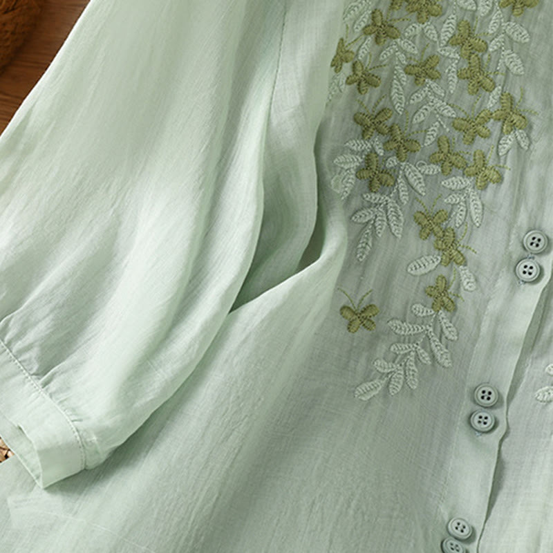 Buddha Stones Casual Plant Embroidery Stand Collar Women's Cotton Blend Three Quarter Sleeve Shirt - image 5