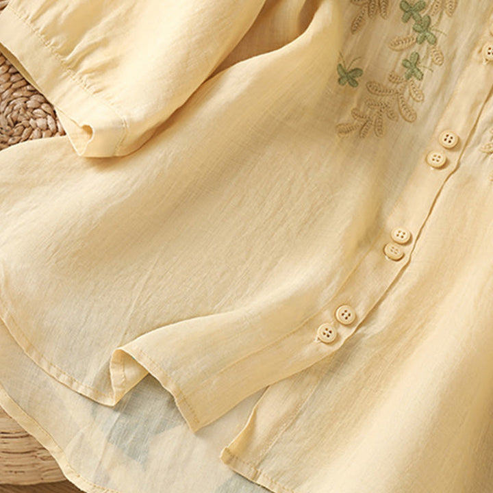 Buddha Stones Casual Plant Embroidery Stand Collar Women's Cotton Blend Three Quarter Sleeve Shirt - image 18