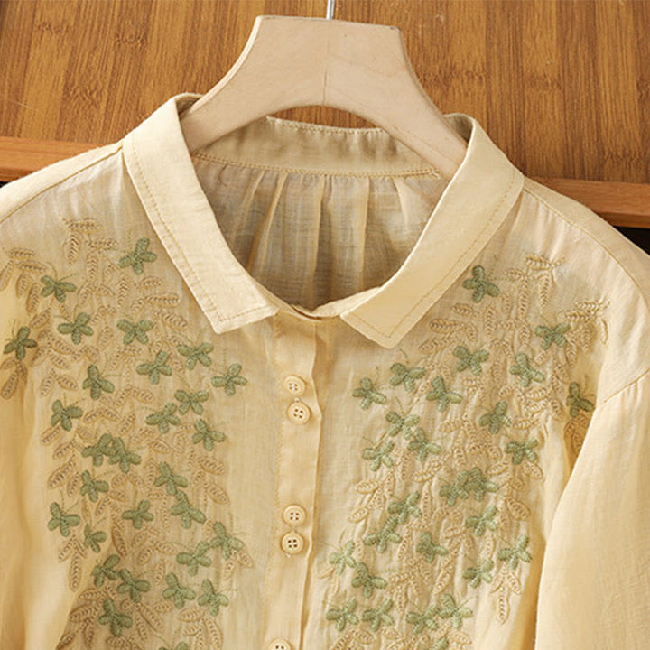 Buddha Stones Casual Plant Embroidery Stand Collar Women's Cotton Blend Three Quarter Sleeve Shirt - image 12