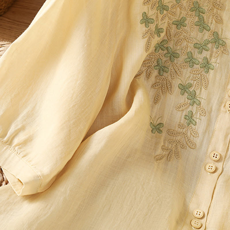 Buddha Stones Casual Plant Embroidery Stand Collar Women's Cotton Blend Three Quarter Sleeve Shirt - image 17