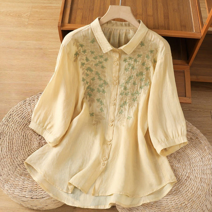 Buddha Stones Casual Plant Embroidery Stand Collar Women's Cotton Blend Three Quarter Sleeve Shirt - LightGoldenrodYellow - US8-10，UK/AU12-14，EU40-42 (2XL) - image 11
