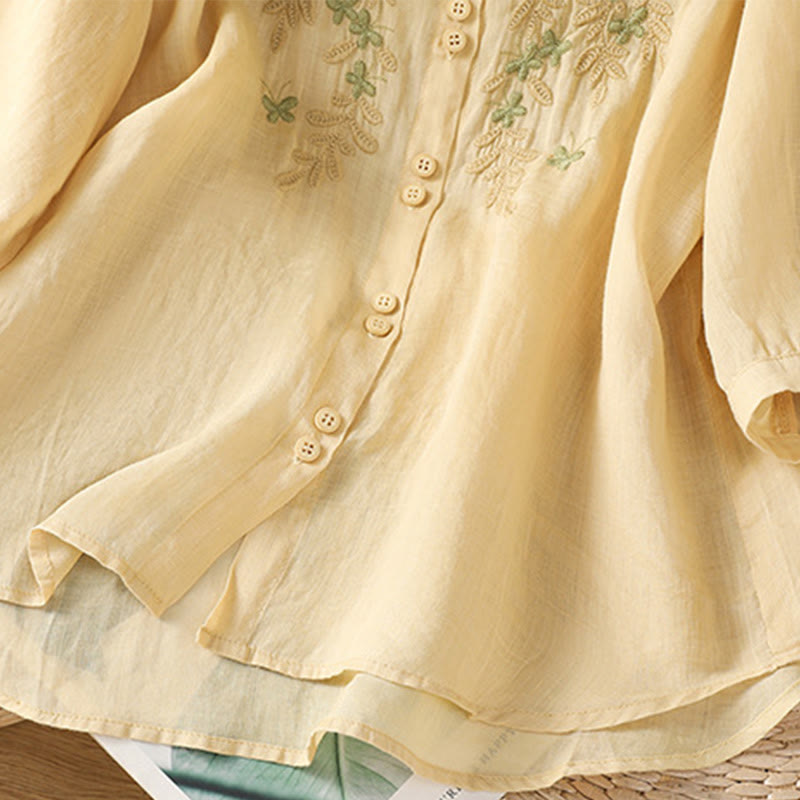 Buddha Stones Casual Plant Embroidery Stand Collar Women's Cotton Blend Three Quarter Sleeve Shirt - image 21