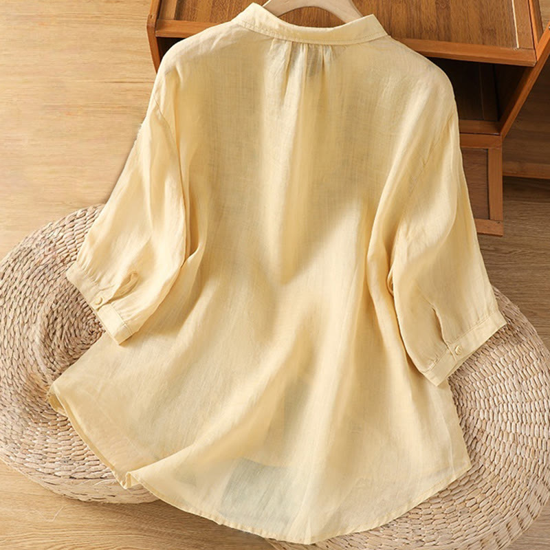 Buddha Stones Casual Plant Embroidery Stand Collar Women's Cotton Blend Three Quarter Sleeve Shirt - image 11